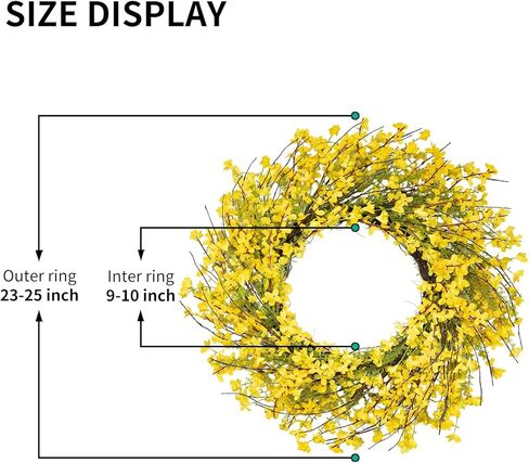 إكليل ربيعي مقاس 60.96 سم للباب الأمامي، إكليل زهرة فورسيثيا الصفراء الاصطناعية لجميع الفصول - ديكور داخلي وخارجي للمزرعة للشرفة والجدار وعيد الفصح والصيف in Kuwait
