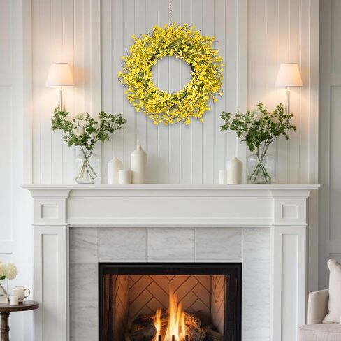 إكليل ربيعي مقاس 60.96 سم للباب الأمامي، إكليل زهرة فورسيثيا الصفراء الاصطناعية لجميع الفصول - ديكور داخلي وخارجي للمزرعة للشرفة والجدار وعيد الفصح والصيف in Kuwait