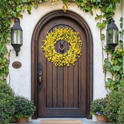 إكليل ربيعي مقاس 60.96 سم للباب الأمامي، إكليل زهرة فورسيثيا الصفراء الاصطناعية لجميع الفصول - ديكور داخلي وخارجي للمزرعة للشرفة والجدار وعيد الفصح والصيف in Kuwait