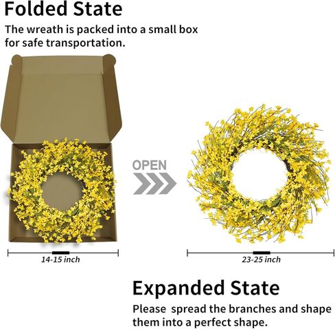إكليل ربيعي مقاس 60.96 سم للباب الأمامي، إكليل زهرة فورسيثيا الصفراء الاصطناعية لجميع الفصول - ديكور داخلي وخارجي للمزرعة للشرفة والجدار وعيد الفصح والصيف in Kuwait