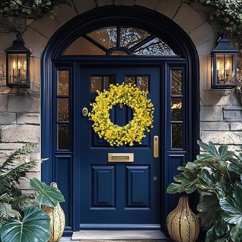 إكليل ربيعي مقاس 60.96 سم للباب الأمامي، إكليل زهرة فورسيثيا الصفراء الاصطناعية لجميع الفصول - ديكور داخلي وخارجي للمزرعة للشرفة والجدار وعيد الفصح والصيف in Kuwait