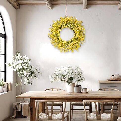 إكليل ربيعي مقاس 60.96 سم للباب الأمامي، إكليل زهرة فورسيثيا الصفراء الاصطناعية لجميع الفصول - ديكور داخلي وخارجي للمزرعة للشرفة والجدار وعيد الفصح والصيف in Kuwait