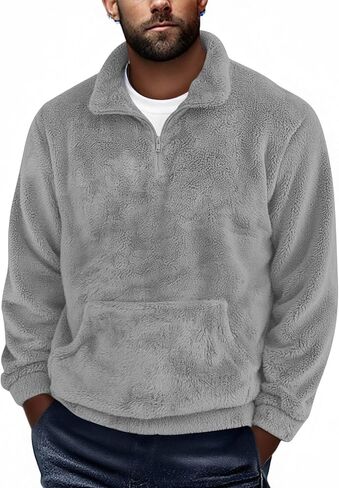 Men's Fuzzy Sherpa Sweatshirt Quarter Zip Fluffy Fleece Pullover Winter Fall Warm Outerwear With Kangaroo Pocket in Saudi Arabia
