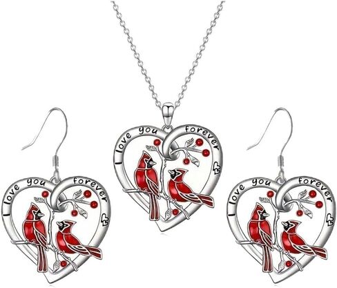 Red Cardinal Necklace Earrings Set Red Bird Cardinal Heart Charm Memorial Pendant Jewelry Gifts for Women in Kuwait