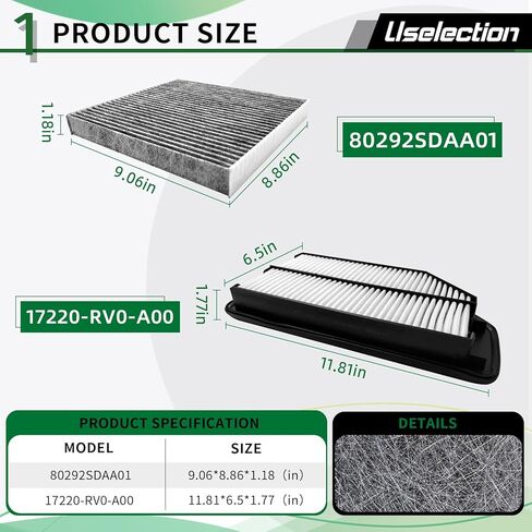 Engine & Cabin Air Filter with Activated Set for Odyssey (2011-2017 3.5L Gas) Replaces 17220-RV0-A00, 80292-SDA-A01, CA11042, SA11042 in Kuwait
