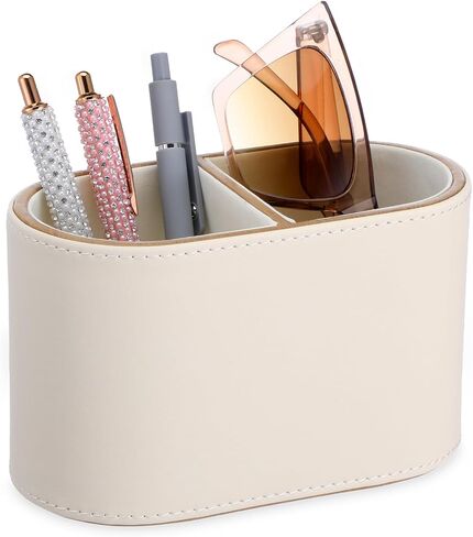 Premium PU Leather Pen Holder for Desk, 2-Compartment Oval Pencil Holder and Desk Organizer Caddy, Essential Office Supplies for Home and Workplace Organization, 6.3 x 3.2 x 4 Inches, Beige in Saudi Arabia