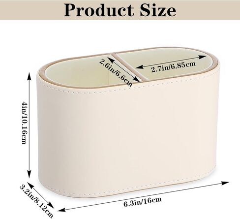 Premium PU Leather Pen Holder for Desk, 2-Compartment Oval Pencil Holder and Desk Organizer Caddy, Essential Office Supplies for Home and Workplace Organization, 6.3 x 3.2 x 4 Inches, Beige in Saudi Arabia