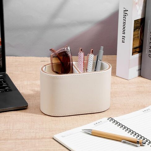 Premium PU Leather Pen Holder for Desk, 2-Compartment Oval Pencil Holder and Desk Organizer Caddy, Essential Office Supplies for Home and Workplace Organization, 6.3 x 3.2 x 4 Inches, Beige in Saudi Arabia