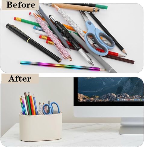 Premium PU Leather Pen Holder for Desk, 2-Compartment Oval Pencil Holder and Desk Organizer Caddy, Essential Office Supplies for Home and Workplace Organization, 6.3 x 3.2 x 4 Inches, Beige in Saudi Arabia