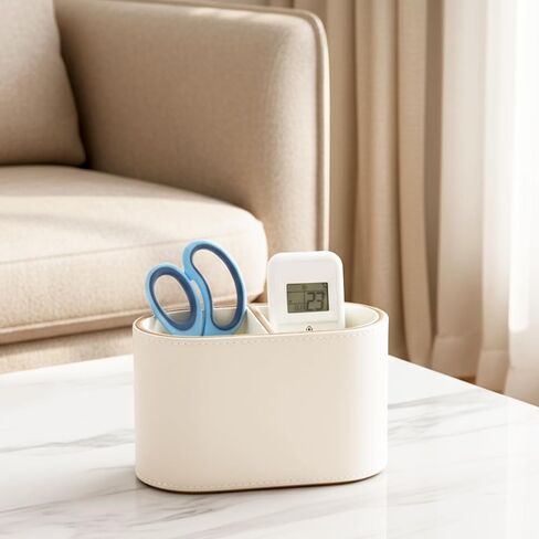 Premium PU Leather Pen Holder for Desk, 2-Compartment Oval Pencil Holder and Desk Organizer Caddy, Essential Office Supplies for Home and Workplace Organization, 6.3 x 3.2 x 4 Inches, Beige in Saudi Arabia