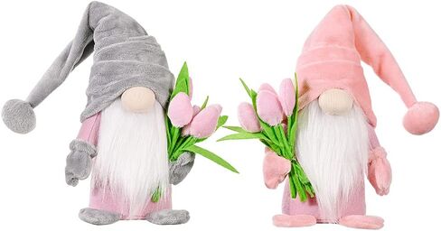 2 Pack 14.5 Inch Spring Tulip Gnome Plush Decor, Cute Faceless Gnomes with Flower Bouquet, for Mom, Valentine’s Day Gift for Women, Spring Home Tabletop Shelf Decoration in Kuwait