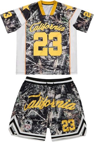 WDIRARA Men's Tracksuits 2 Piece Outfits Number Graphic Jersey Shirts Gym Shorts Set Streetwear Outfits in Saudi Arabia