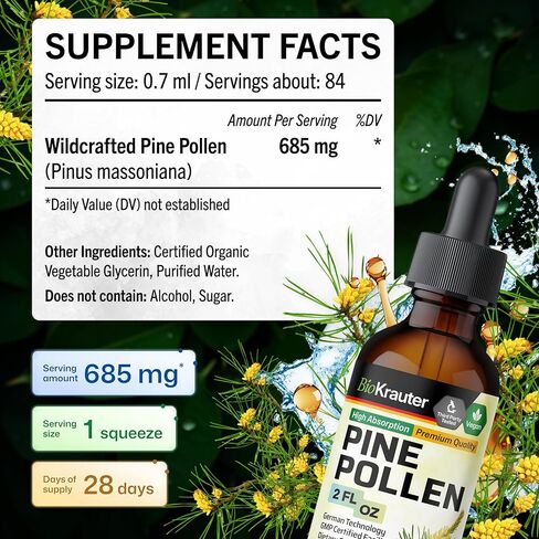 صبغة حبوب لقاح الصنوبر من بيو كروتر - مستخلص سائل من مسحوق حبوب لقاح الصنوبر لدعم المناعة - مكمل عشبي طبيعي خالٍ من الكحول والسكر - قطرات حبوب لقاح الصنوبر النباتية 4 أونصة سائلة. in Kuwait