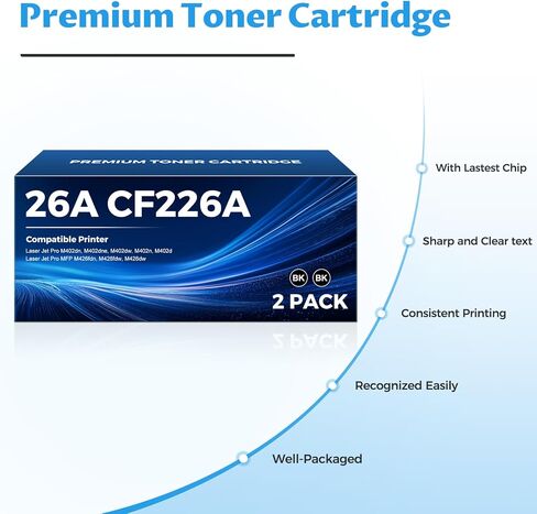 خرطوشة حبر 26A متوافقة مع خرطوشة الحبر الأسود HP 26A CF226A 26X CF226X تعمل لطابعات Laser Jet Pro MFP M426fdw، M426fdn، M402dn، M402dne، M402dw، M402n، M426، M402 Series، عبوتان in Kuwait