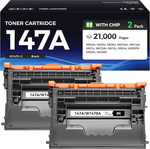 خرطوشة حبر سوداء 147A مكونة من عبوتين بديلة عالية الإنتاجية لحبر HP 147A W1470A 147X متوافق مع حبر الطابعة HP LaserJet Enterprise MFP M634 M635 M636 M610 M611 M612 الكل في واحد h z dn x fht fh in Kuwait