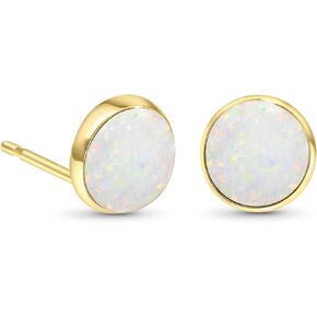 14K Gold White Opal Stud Earrings - 14K Solid Yellow Gold Studs, Dainty 8mm October Birthstone Medium Size Opal Jewelry, Simple Handmade Gift for Classy Women in Kuwait