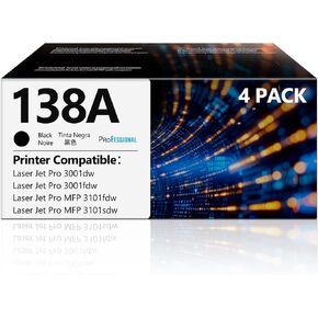 138A Toner Cartridges Black 4 Pack Pro MFP 3101fdw Replacement for HP138A 138A W1380A 138X W1380X Black Toner Compatible with HP Laser Jet Pro 3001fdw 3001dw MFP 3101fdw Printer 138A Ink (4 Black) in Kuwait