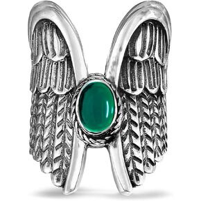 Oval Genuine Gemstone Angel Wings Wide Band Ring,Retro S925 Sterling Silver Natural Full Finger Chunky Statement Band Ring for Women in Kuwait