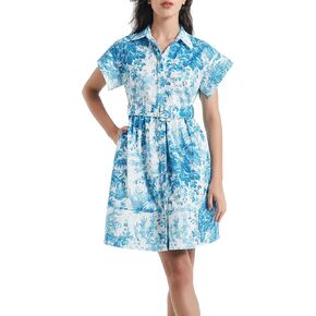 D-Sun Women Button Down Shirt Dress V-Neck Floral Printed Short Sleeve Mini Dress Casual Belted Short Party with Pocket in Kuwait