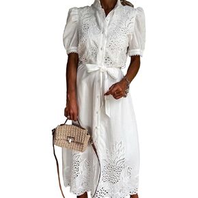 SOMTHRON Women's Embroidered Eyelet Shirt Dress Belted Puff Shirt Sleeve Button Down Boho Lace Swing Maxi Long Dress in Saudi Arabia