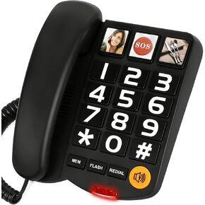 Big Button Phone for Seniors, Corded Landline Phones for Seniors with 2 One-Touch Dialing Buttons, Landline Telephone with SOS Emergency Button/Loud Ringer-Black in Kuwait