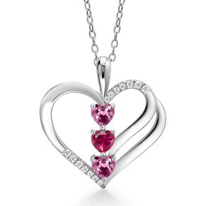 925 Sterling Silver Pink Tourmaline and Red Created Ruby and White Moissanite 3-Stone Pendant Necklace For Women (0.86 Cttw, Gemstone October Birthstone, Heart Shape 4MM, with 18 Inch Silver Chain) in Kuwait