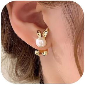 Easter Bunny Earrings for Women 14K Gold and Silver Cute Pearl Rabbit Ear Jacket Earrings for Women Party Jewelry in Kuwait