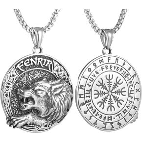 Men'S Gothic Punk Hip-Hop Rock Viking Wolf Head Round Pendant Necklace,Norwegian Viking Rune On The Back,316L Stainless Steel, Silver Stainless Steel Square Pearl Chain, Retro Nordic Talisman in Kuwait