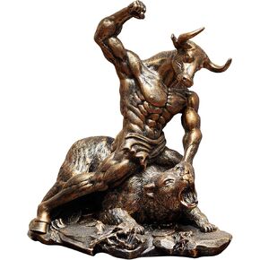 تمثال AETVRNI Wall Street Bull & Bear - ديكور مكتب سوق الأسهم يشبه البرونز الراتنجي، 7x4.5x8in، برونزي in Kuwait