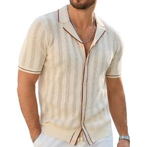 Men's Knit Button Down Shirt Short Sleeve Vintage Knitted Striped Summer Beach Tops S-XXL in Saudi Arabia
