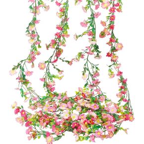 CISDUEO 4 Pcs Artificial Daisy Flowers Vine Silk Flower Garland Spring Fake Flower Vine Hanging Ivy with Pink Daisy Flowers Green Leaves for Wall Party Wedding Arch Floral Decor Home Indoor Outdoor in Kuwait