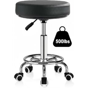 Adjustable Rolling Stool with Wheels 500lb Heavy Duty Round Rolling Stool with Footrest, Patent Leather Drafting Stool Chair with Wheels Work Spa Salon Seat（Black） in Saudi Arabia
