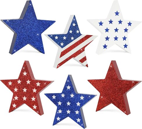 COCHIE 4th of July Decorations Wooden Star Set of 6, Labor Day Decor, Patriotic Memorial Day Tiered Tray Decor, Red White and Blue Veterans Day Decorations for Home Office Table Shelf (Vintage) in Saudi Arabia
