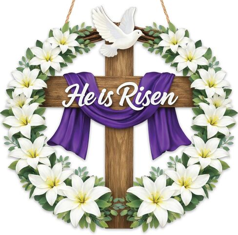 Easter Decorations He Is Risen Wooden Easter Wreath, Christian Easter Wreaths for Front Door, Religious Door Hanging Sign for Front Door, Faith Based Spring Wall Decor in Saudi Arabia
