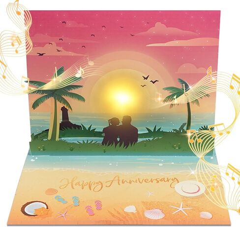 Anniversary Pop up Cards, Musical Anniversary Card with Sunset on the Beach View, Beach Vacation Invitation Card for Women Men Couple Wife Husband in Saudi Arabia