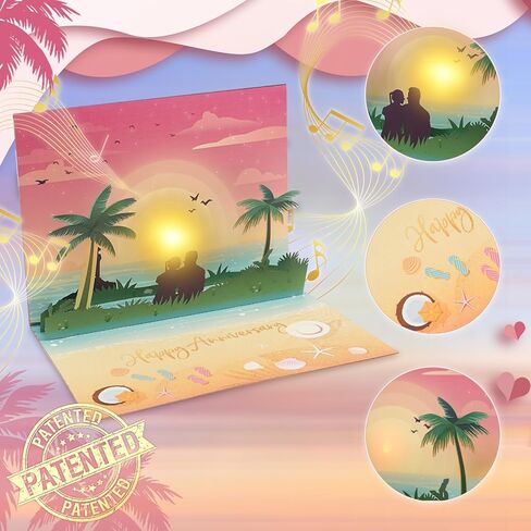 Anniversary Pop up Cards, Musical Anniversary Card with Sunset on the Beach View, Beach Vacation Invitation Card for Women Men Couple Wife Husband in Saudi Arabia
