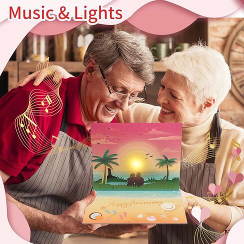 Anniversary Pop up Cards, Musical Anniversary Card with Sunset on the Beach View, Beach Vacation Invitation Card for Women Men Couple Wife Husband in Saudi Arabia