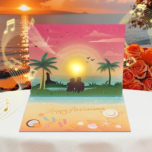 Anniversary Pop up Cards, Musical Anniversary Card with Sunset on the Beach View, Beach Vacation Invitation Card for Women Men Couple Wife Husband in Saudi Arabia