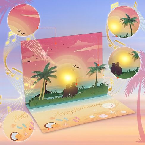 Anniversary Pop up Cards, Musical Anniversary Card with Sunset on the Beach View, Beach Vacation Invitation Card for Women Men Couple Wife Husband in Saudi Arabia