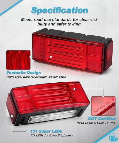 ضوء ذيل المقطورة LED مع قضبان إضاءة ثلاثية 12 فولت ضوء مقطورة مستطيل 131 مصباح LED فائق السطوع للفرامل تشغيل لوحة الترخيص ضوء علامة جانبية لمقطورة القارب IP67 DOT عدسة حمراء معتمدة in Kuwait