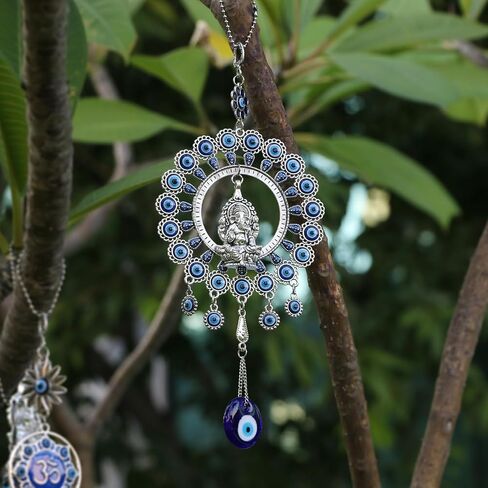 Large Blue Glass Evil Eye Door Window Hangings & Ganesha Idol Evil Eye Charm Car Decor Turkish Nazar Amulet Boncugu Car Rearview Mirror Decor Housewarming Birthday Spiritual Gifts for Friends in Saudi Arabia
