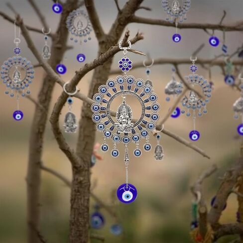 Large Blue Glass Evil Eye Door Window Hangings & Ganesha Idol Evil Eye Charm Car Decor Turkish Nazar Amulet Boncugu Car Rearview Mirror Decor Housewarming Birthday Spiritual Gifts for Friends in Saudi Arabia