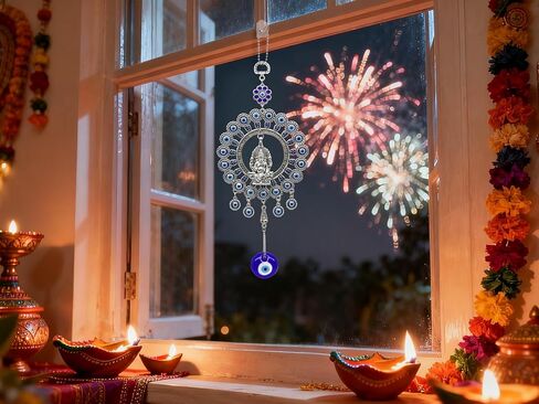Large Blue Glass Evil Eye Door Window Hangings & Ganesha Idol Evil Eye Charm Car Decor Turkish Nazar Amulet Boncugu Car Rearview Mirror Decor Housewarming Birthday Spiritual Gifts for Friends in Saudi Arabia