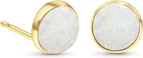 14K Gold White Opal Stud Earrings - 14K Solid Yellow Gold Studs, Dainty 8mm October Birthstone Medium Size Opal Jewelry, Simple Handmade Gift for Classy Women in Kuwait