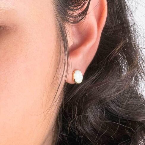14K Gold White Opal Stud Earrings - 14K Solid Yellow Gold Studs, Dainty 8mm October Birthstone Medium Size Opal Jewelry, Simple Handmade Gift for Classy Women in Kuwait