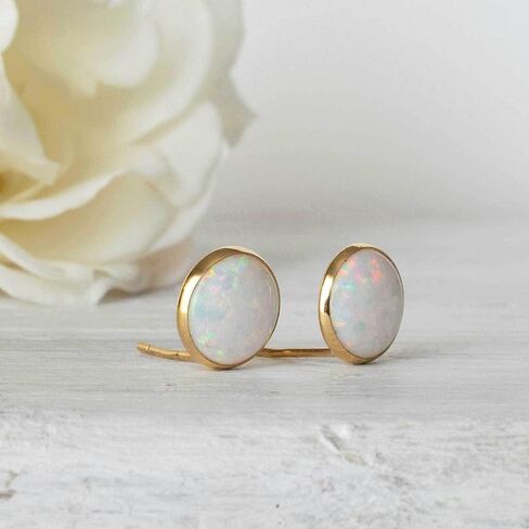 14K Gold White Opal Stud Earrings - 14K Solid Yellow Gold Studs, Dainty 8mm October Birthstone Medium Size Opal Jewelry, Simple Handmade Gift for Classy Women in Kuwait