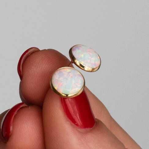 14K Gold White Opal Stud Earrings - 14K Solid Yellow Gold Studs, Dainty 8mm October Birthstone Medium Size Opal Jewelry, Simple Handmade Gift for Classy Women in Kuwait