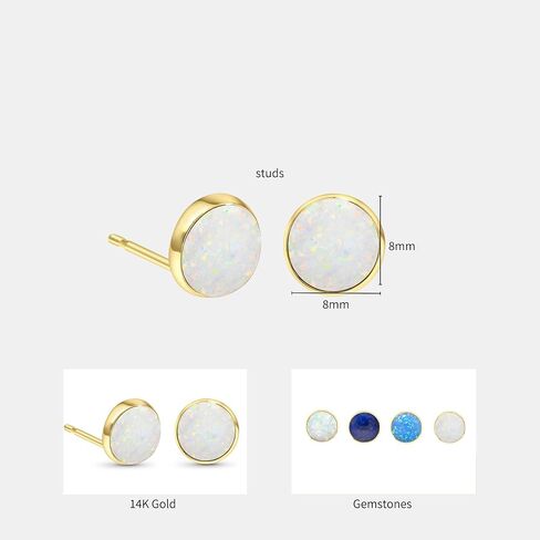 14K Gold White Opal Stud Earrings - 14K Solid Yellow Gold Studs, Dainty 8mm October Birthstone Medium Size Opal Jewelry, Simple Handmade Gift for Classy Women in Kuwait
