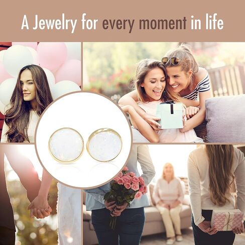 14K Gold White Opal Stud Earrings - 14K Solid Yellow Gold Studs, Dainty 8mm October Birthstone Medium Size Opal Jewelry, Simple Handmade Gift for Classy Women in Kuwait