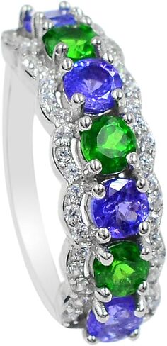 925 Sterling Silver Natural Tsavorite Green Garnet & Blue Tanzanite Gemstone Cluster Unisex Proposal Ring Wedding Jewelry Double Birthstone Women Ring Birthday Gift For Wife in Saudi Arabia